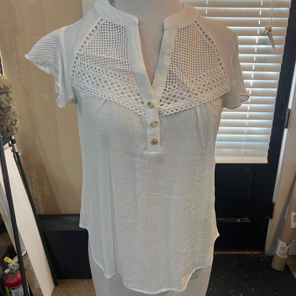 Lace button down split neck blouse